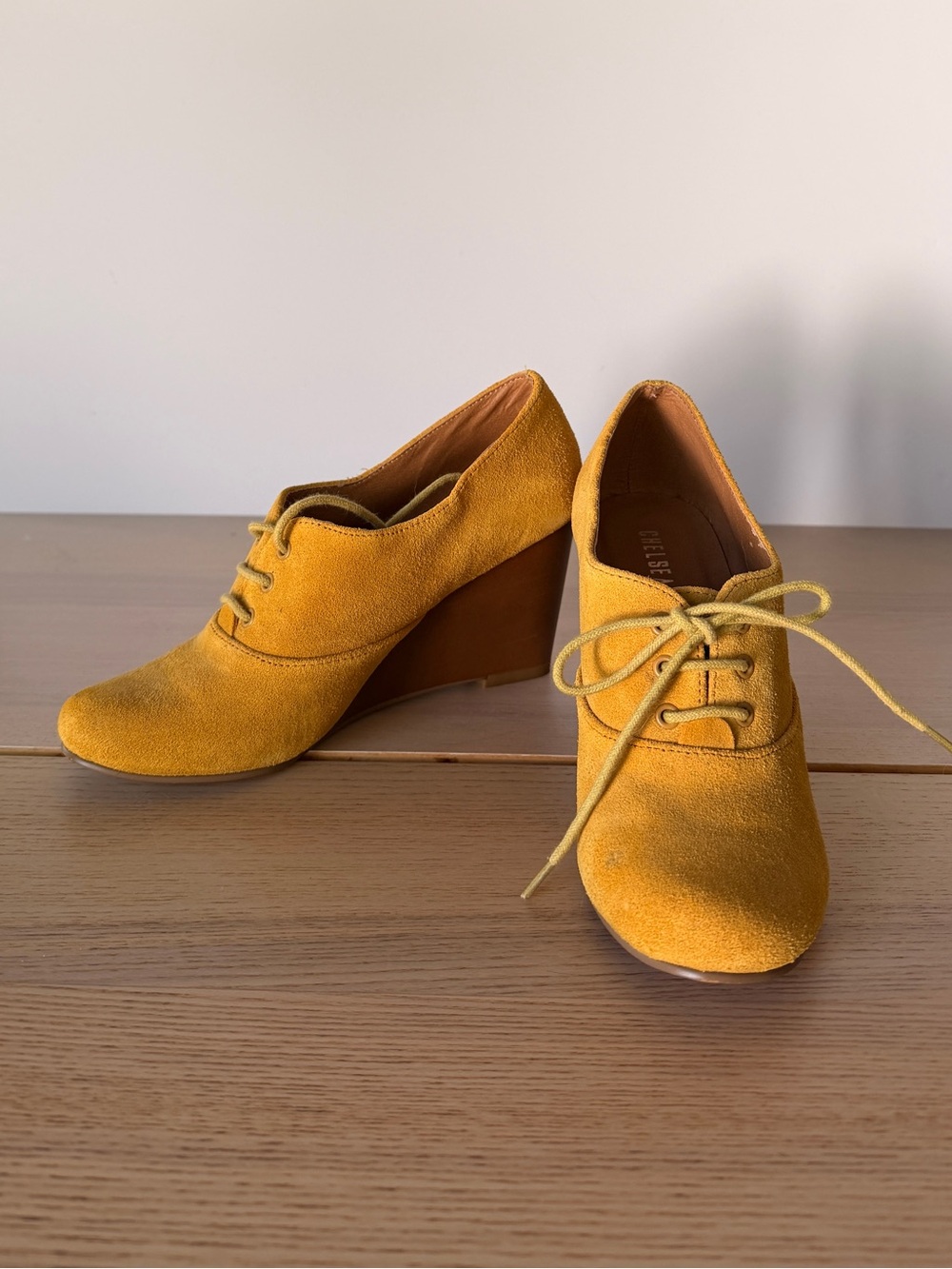 Women's Mustard Suede Wedge Lace-Up Heels